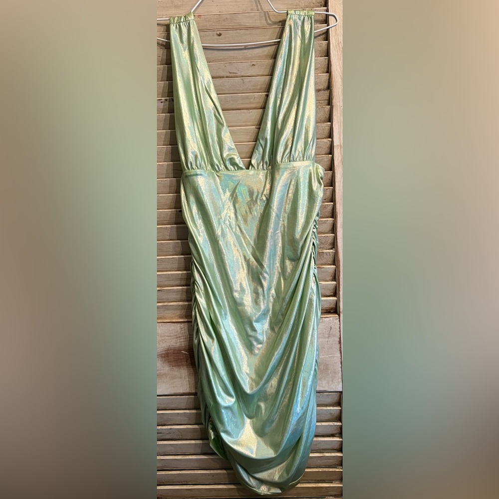 Superdown shimmer green mini ruched dress